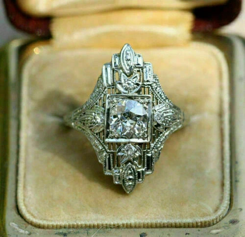 Vintage Art Deco Style Lab Created Diamond Filigree 14K White Gold Finish Ring