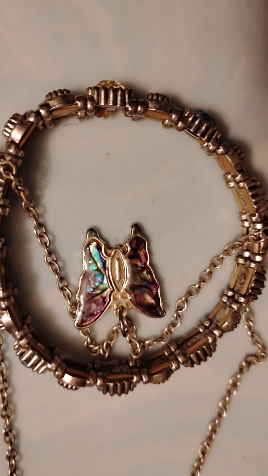 Vintage Butterfly Charm Necklace Korea & Antique Silver Rhinestone Bracelet Set
