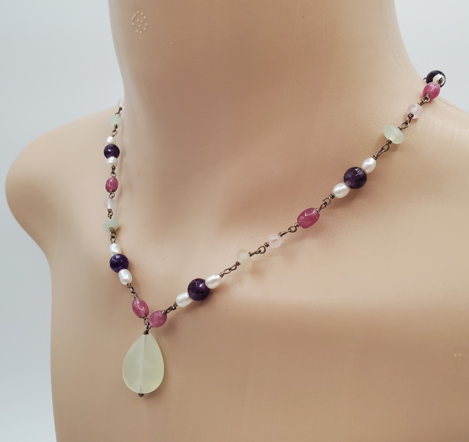 VTG 925 Pearl and Gemstone Jade Teardrop Necklace 18in Sterling Silver 12gtw