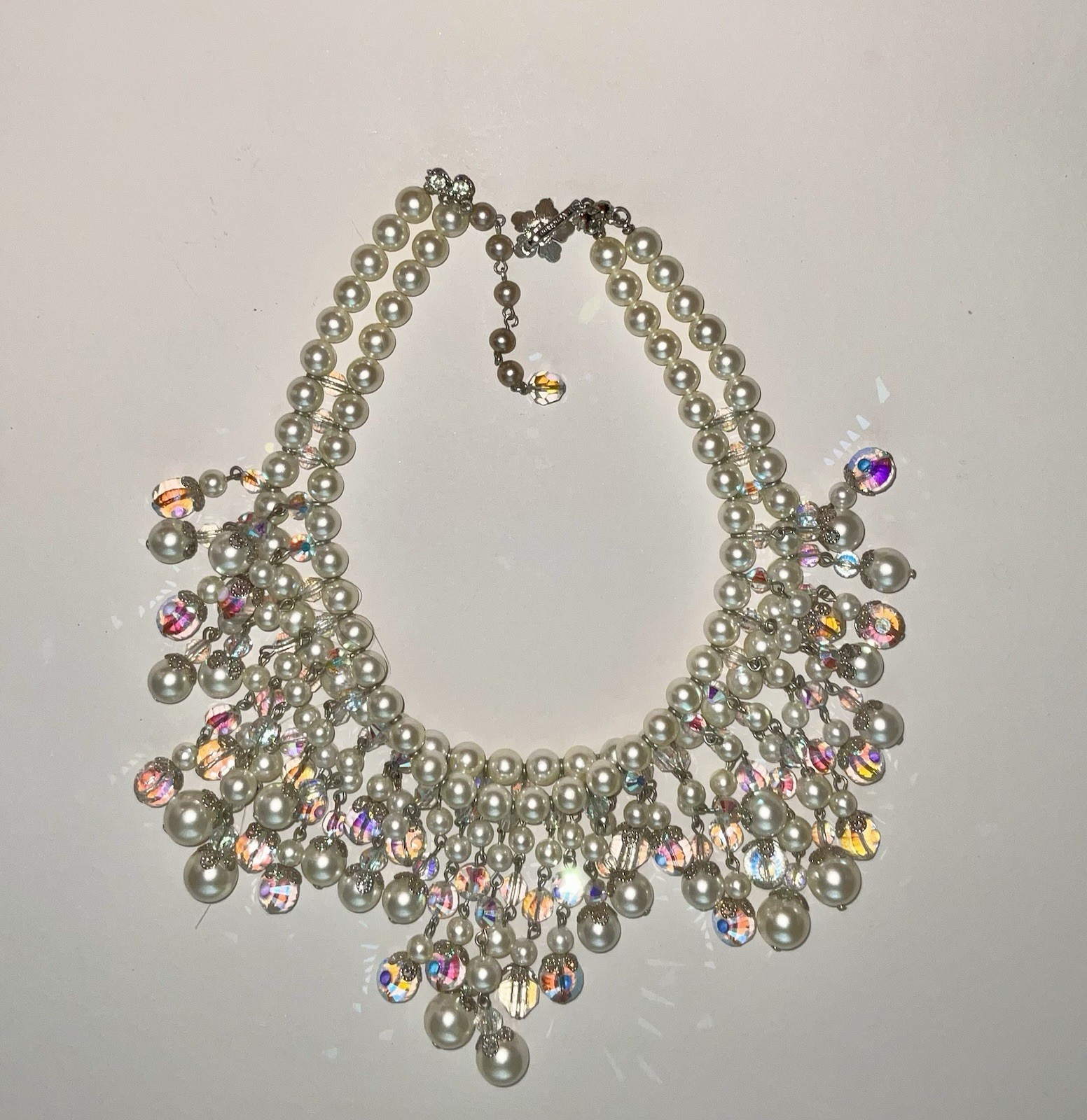 Vintage Vendome Faceted AB Glass & Faux Pearl Fringe Statement Huge Necklace