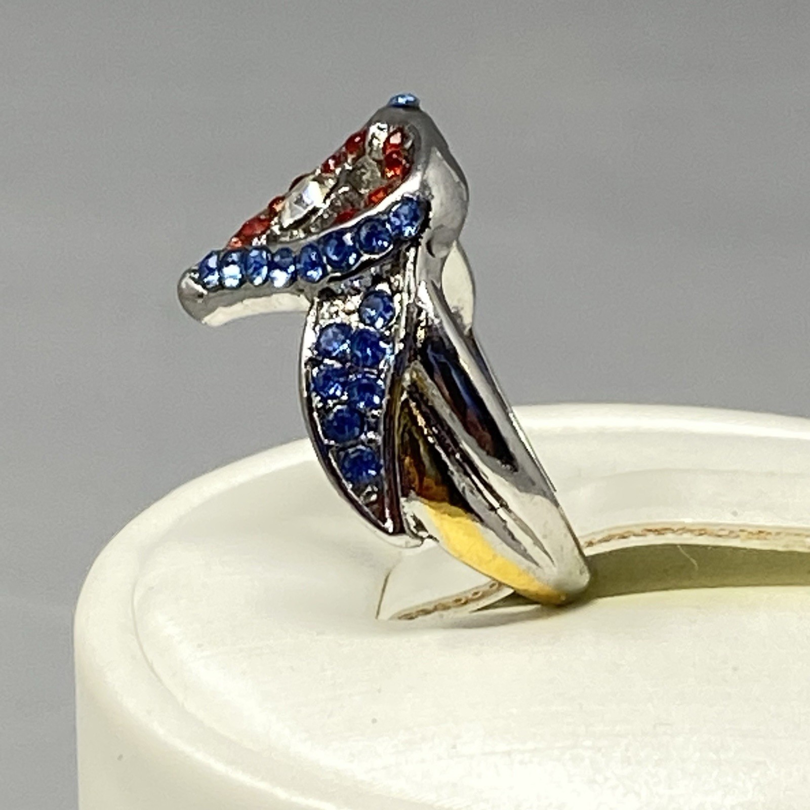 Heart Cocktail Ring Red White Blue Crystals Silver Tone Always With You Engraved