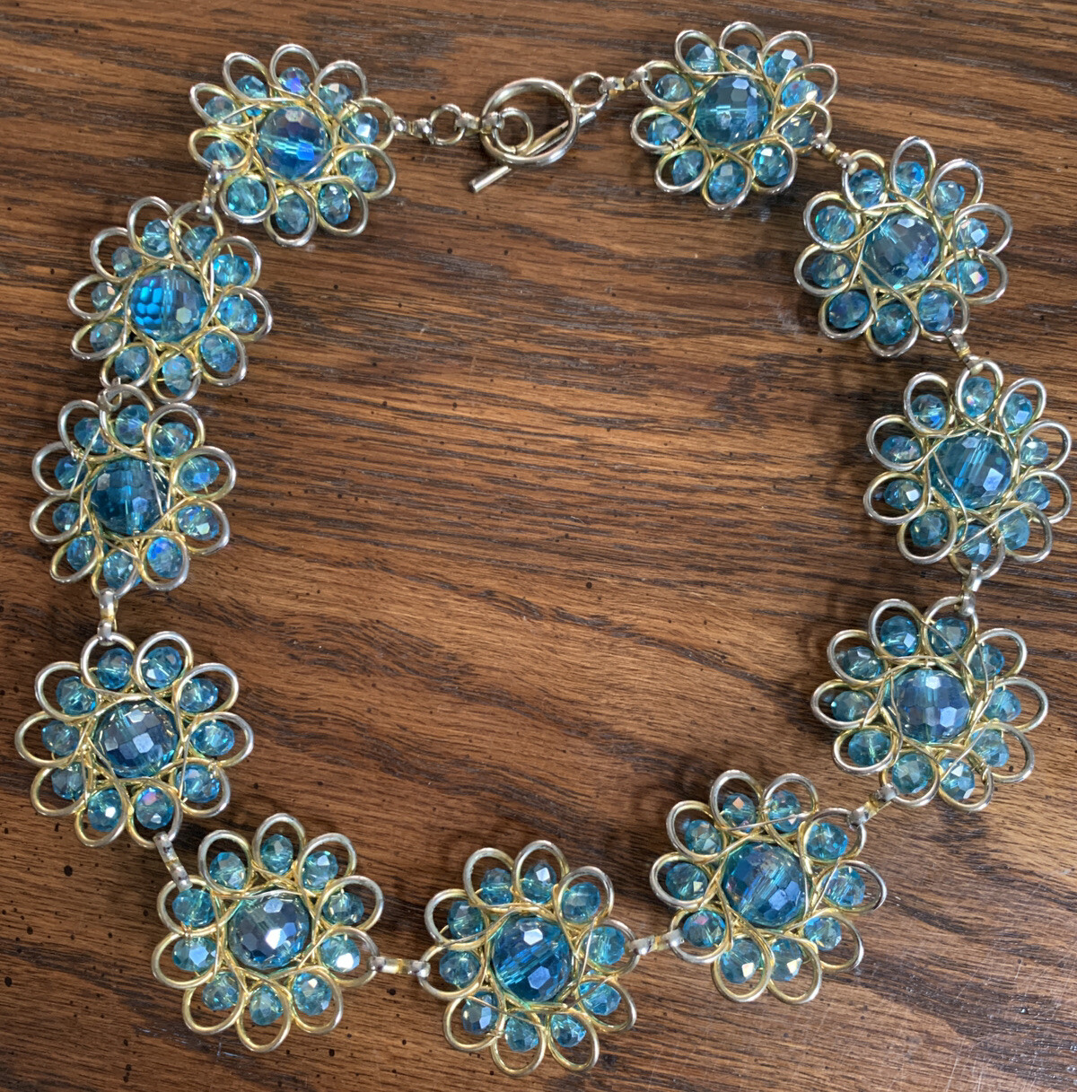 Sparkling Aqua Crystal Beaded Wired Flowers Necklace