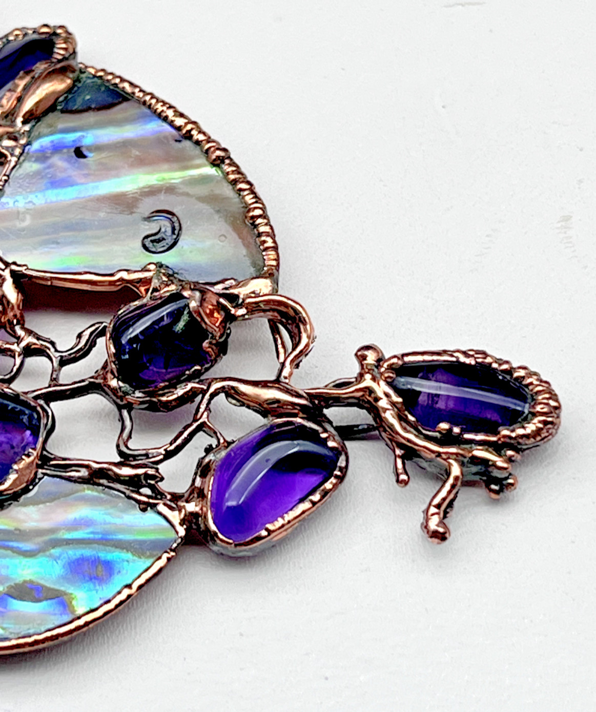 Artisan LG Purple Amethyst Stone Abalone Shell Copper Bezel Set Pendant Handmade