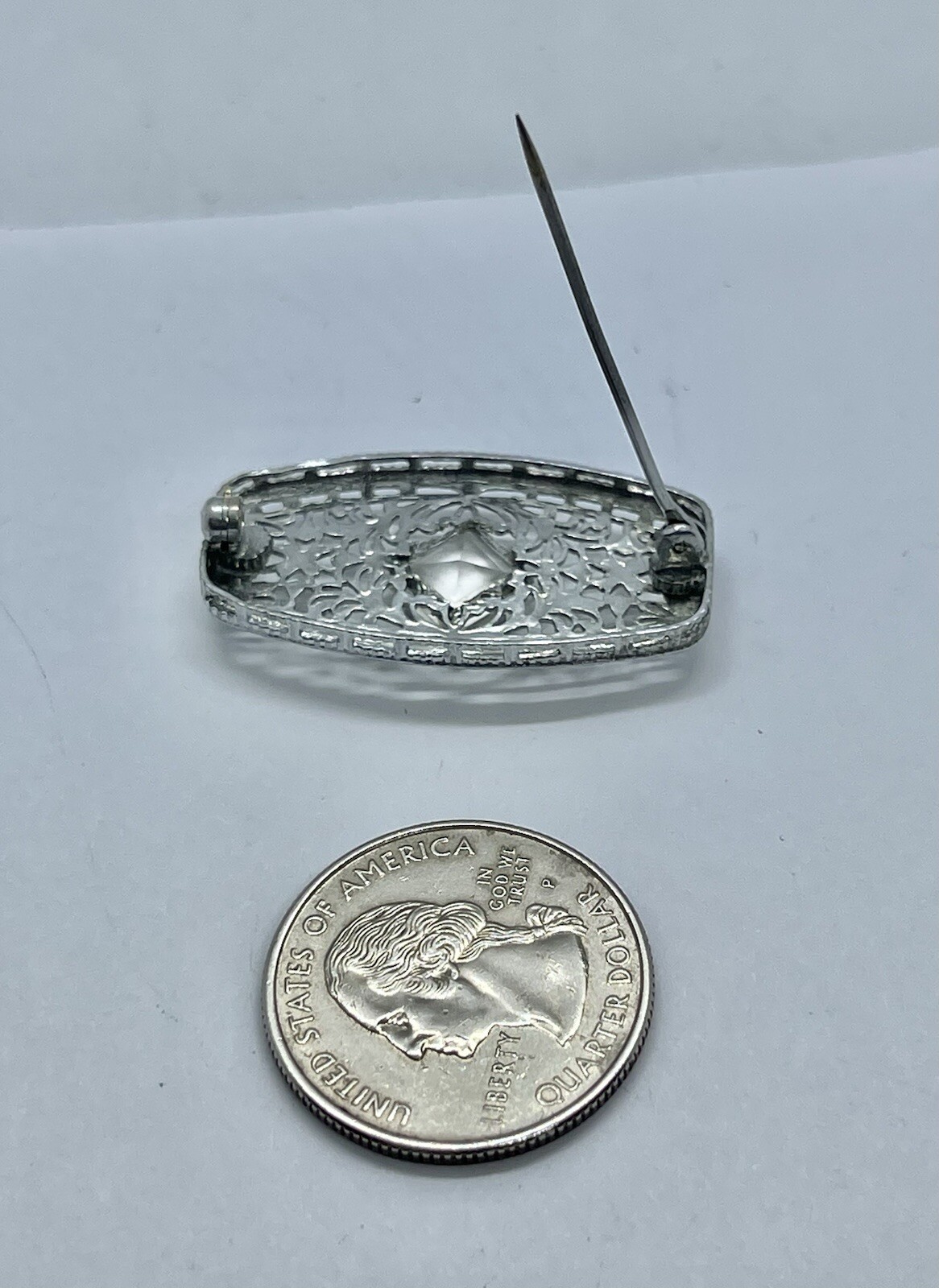 Art Deco Rectangle Clear Trillion Czech Art Glass Silvertone Filigree Brooch