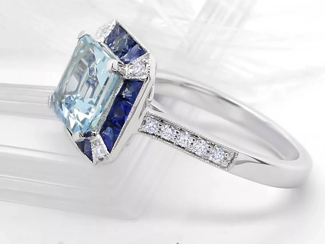 14k White Gold Finish Art Deco Style Lab Created Diamond Aquamarine Wedding Ring