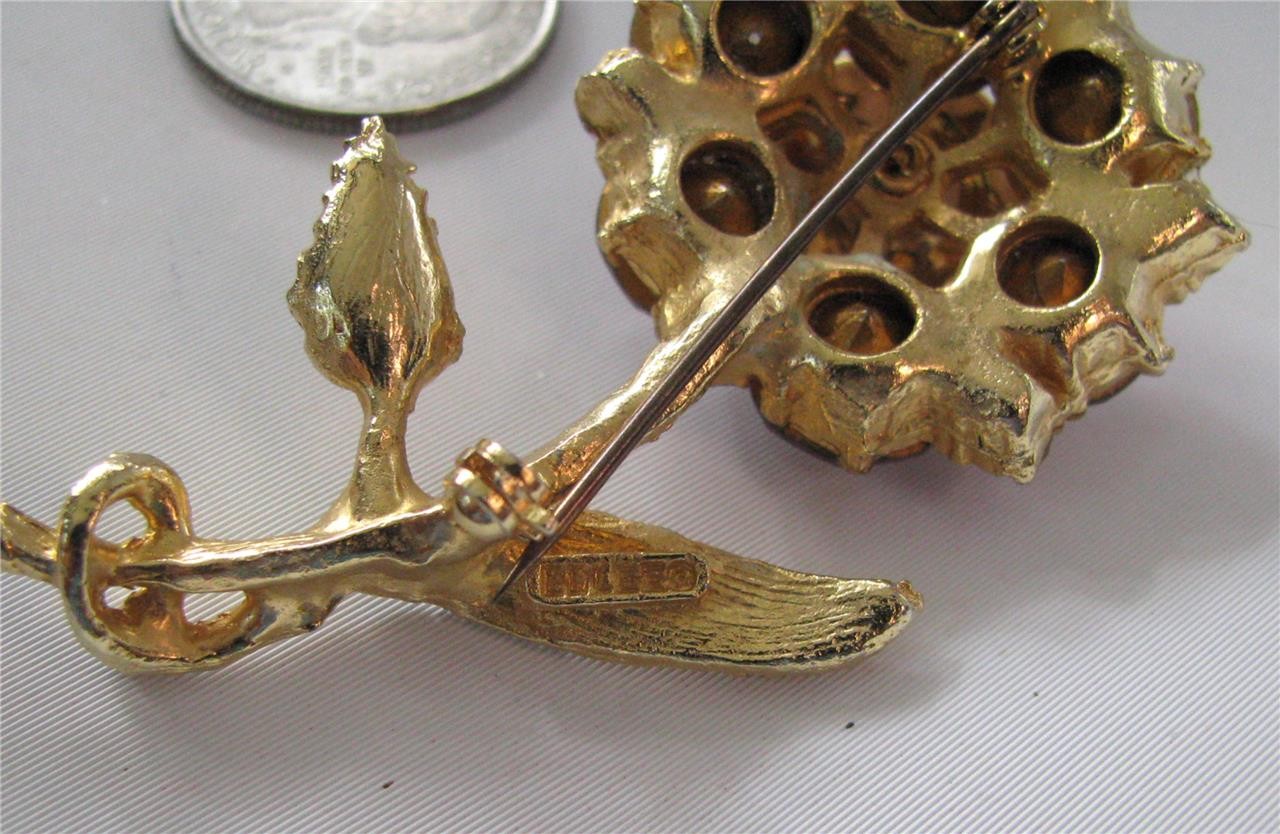 Vintage EdLee Lavender Pink Rhinestone Flower Brooch Pin Gold Plated Dazzling 3″