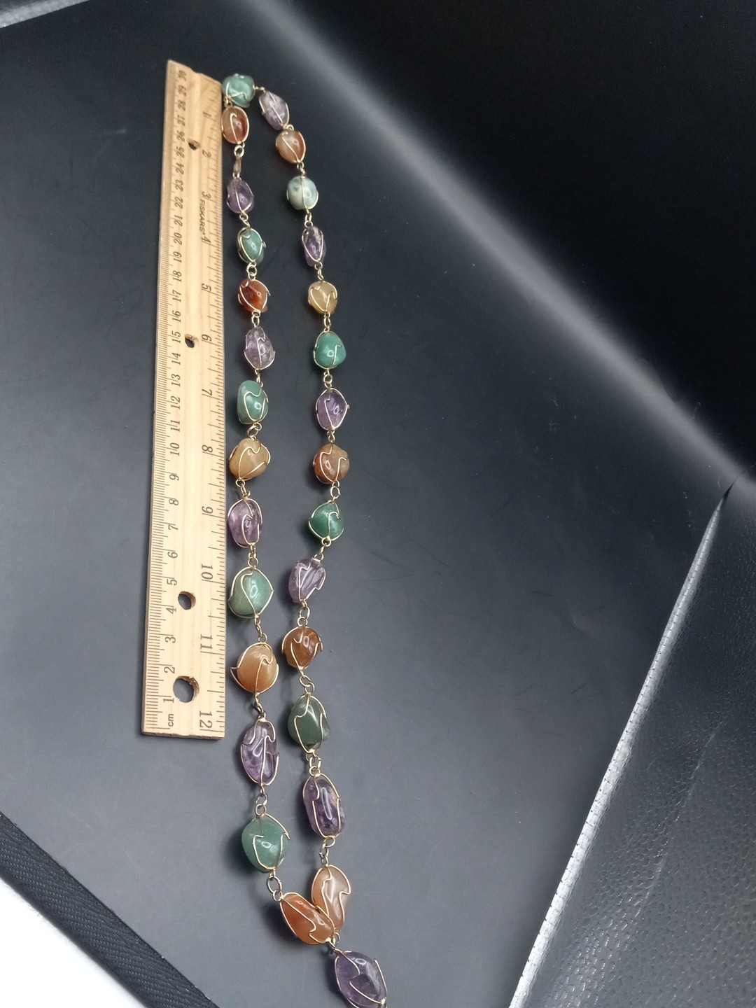 Vintage Amethyst, Jade Agate, Carnelian Goldgilt Wire Long Necklace