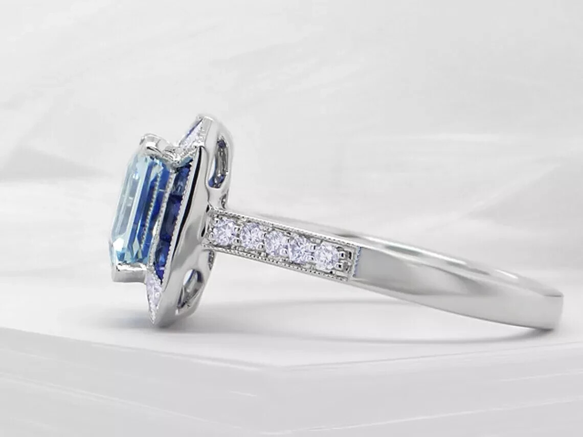 14k White Gold Finish Art Deco Style Lab Created Diamond Aquamarine Wedding Ring