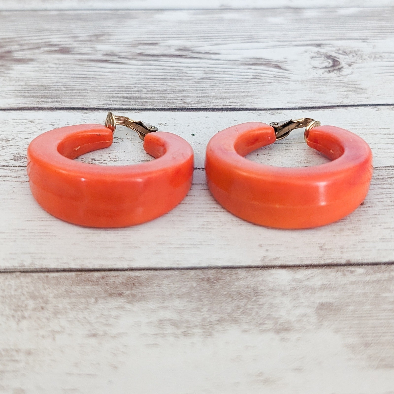 Vintage Clip On Earrings Large & Chunky Orange Hoops Stamped Hong Kong