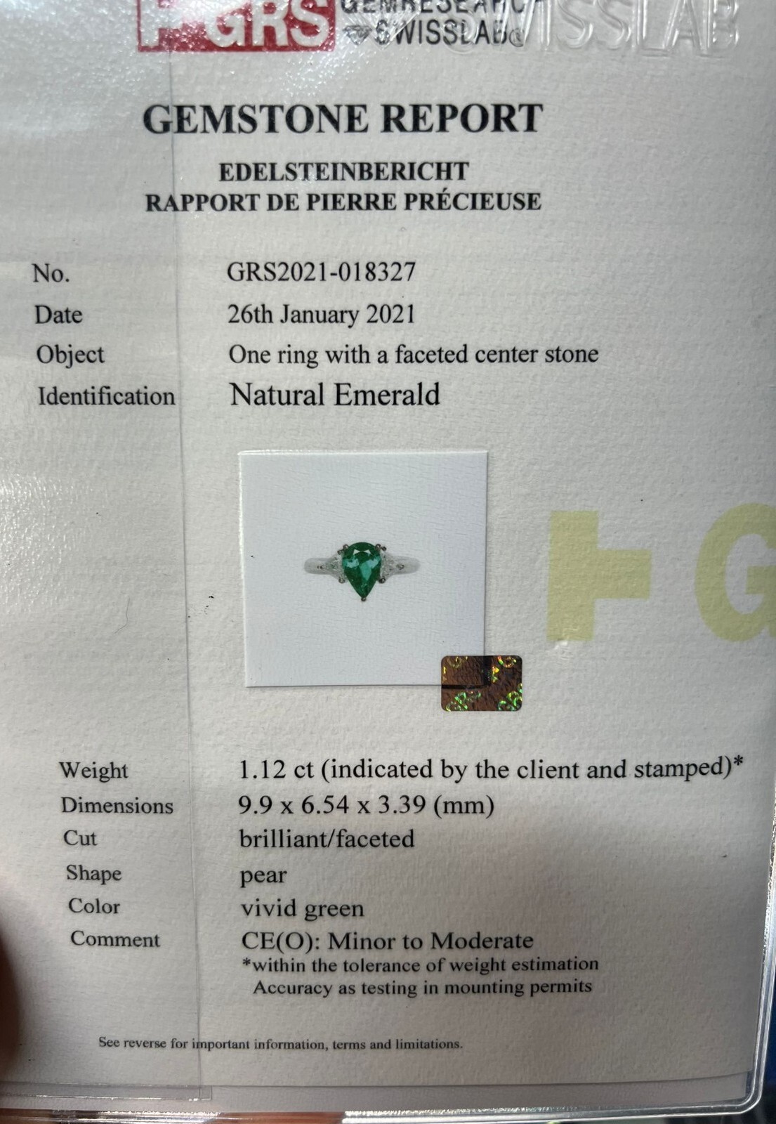 Vintage Platinum Engagement Ring 1.12CT. Natural Green Colombia Pear Shape