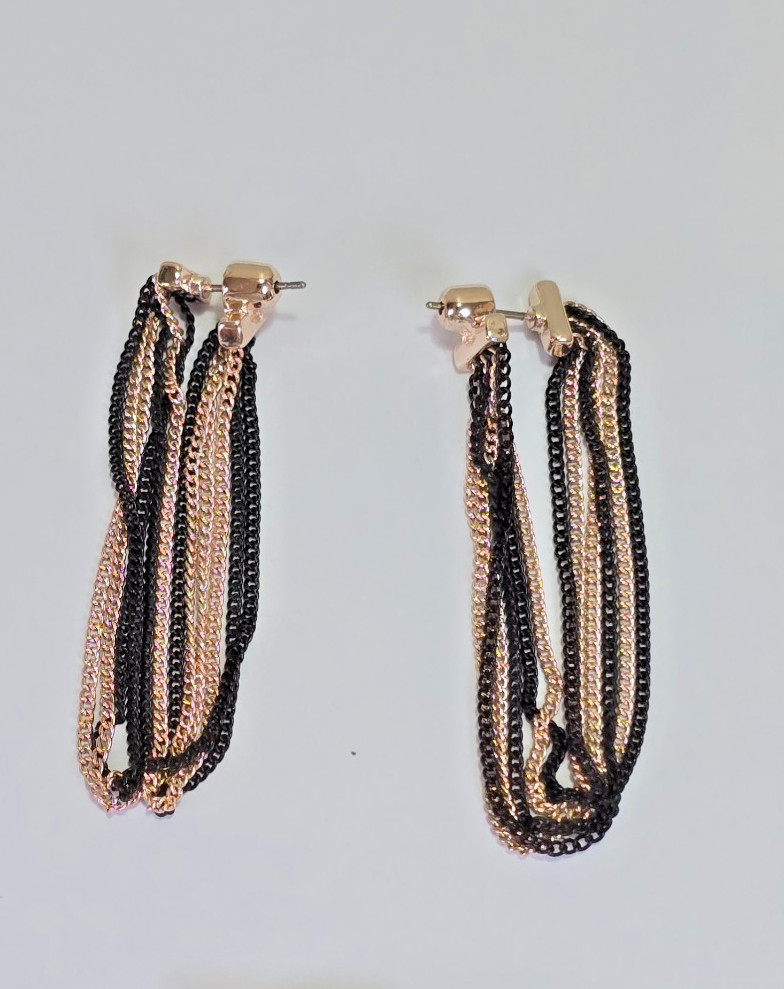 Black Gold Tone Multi Strand Tassel Necklace Bracelet Hoop Earrings Jewelry Set