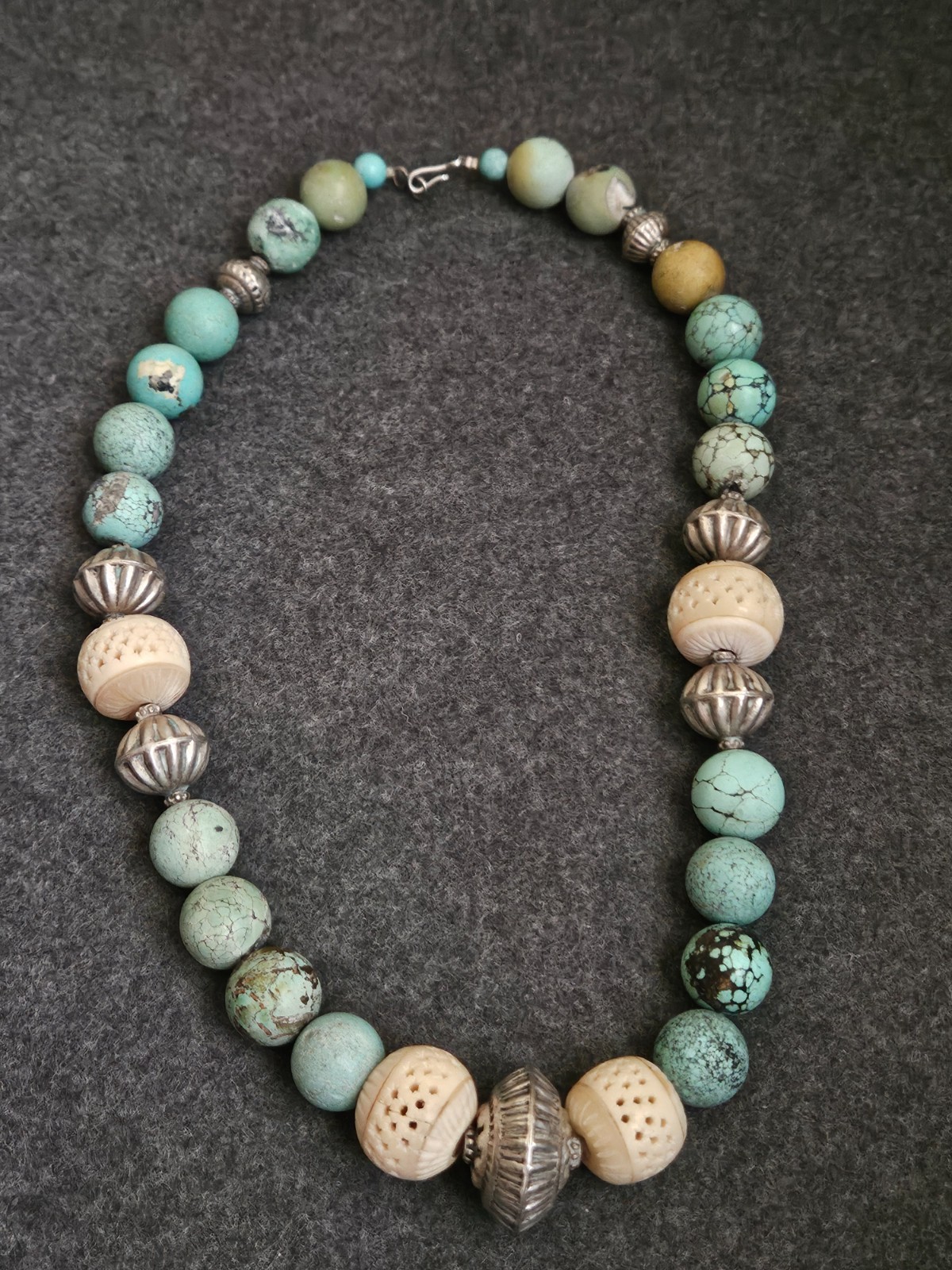 Vintage Tibetan Style Turquoise Necklace with Silver & Carved Bovine Bone Beads
