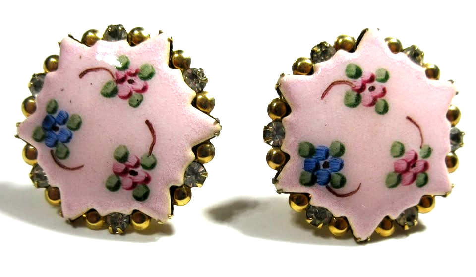 UNUSUAL FLOWER LEAF clear rhinestone gold tone mtl pink blue green STUD EARRINGS
