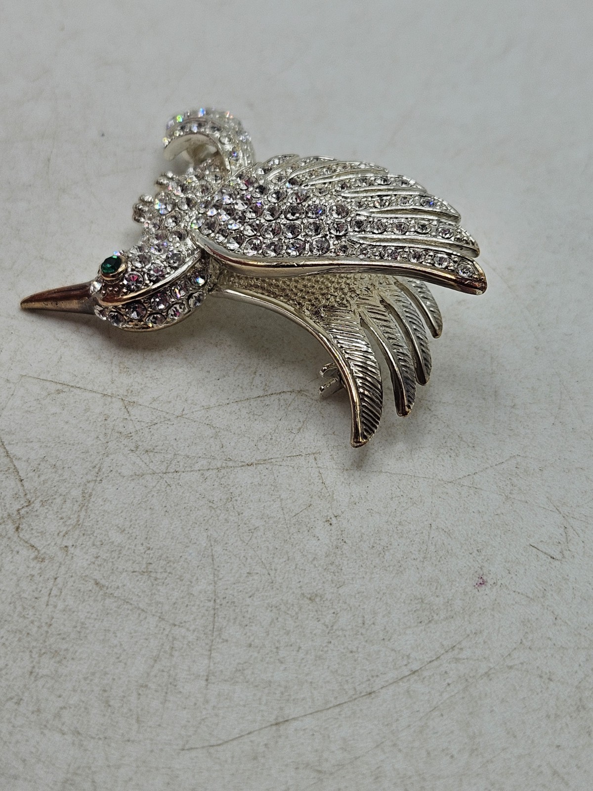 Vintage HummingBird In Flight Brooch Pin Silver Tone Rhinestones With Green Eye