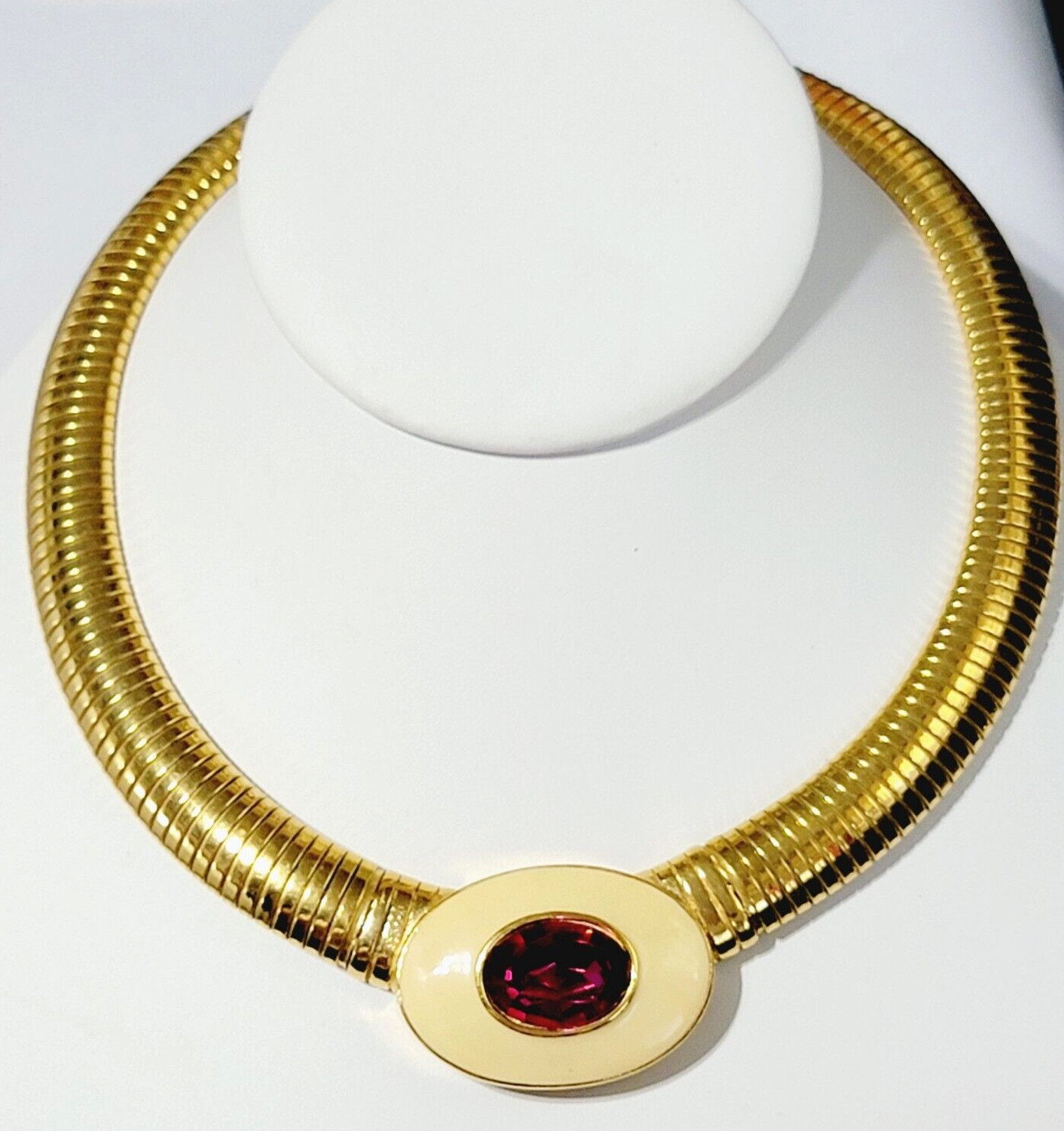 Vintage Yves Saint Laurent YSL Pink Crystal Tubogas Cream Enamel Collar Necklace