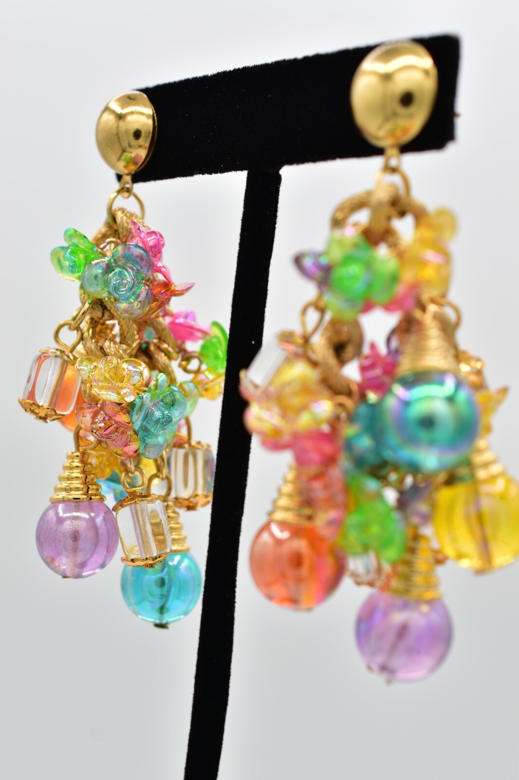 Vintage Ornament Beaded Dangle Earrings Chain Multi-Color Lucite Chunky NOS A28