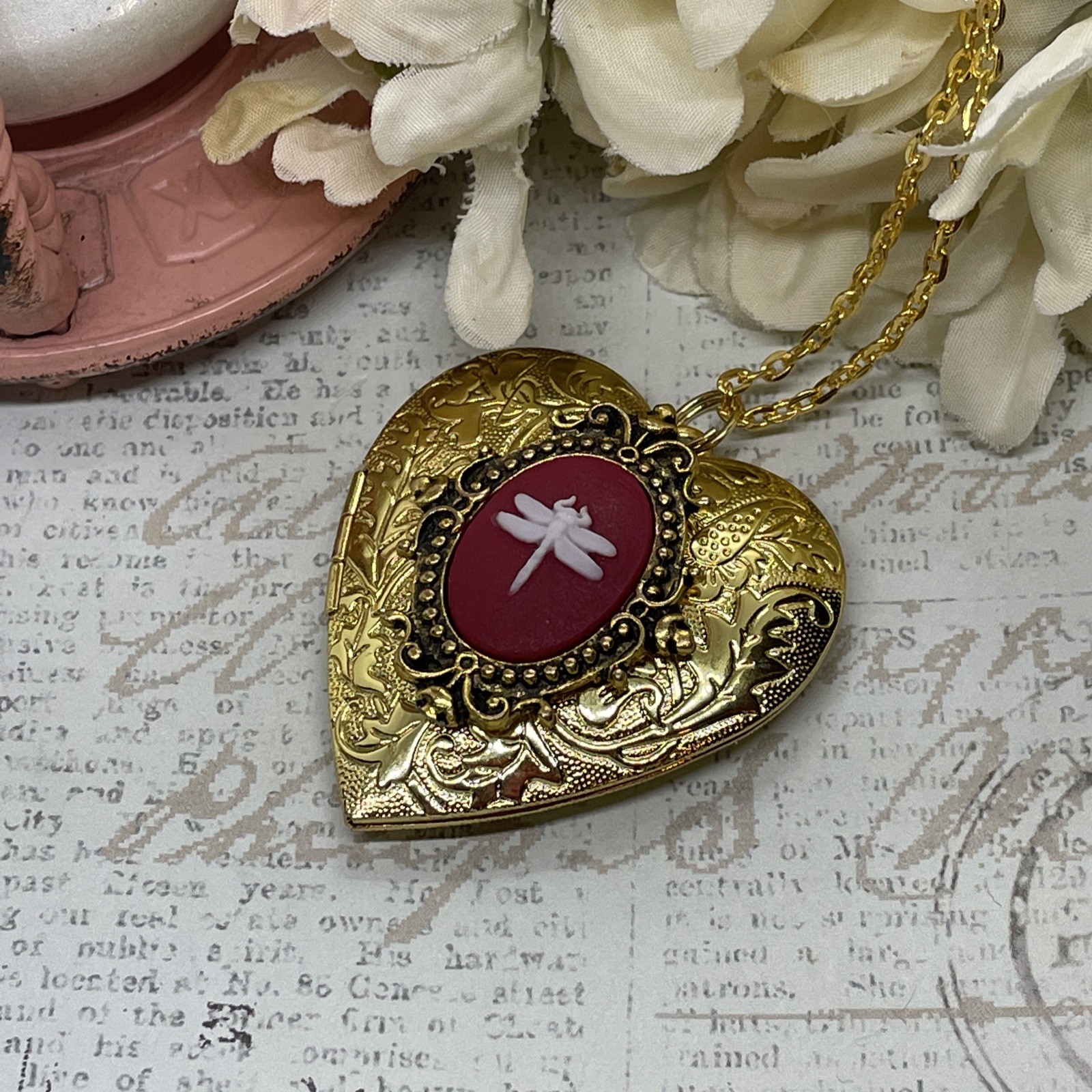 Gold Heart Locket Red Birthday Anniversary Wedding Dragonfly Cameo Necklace