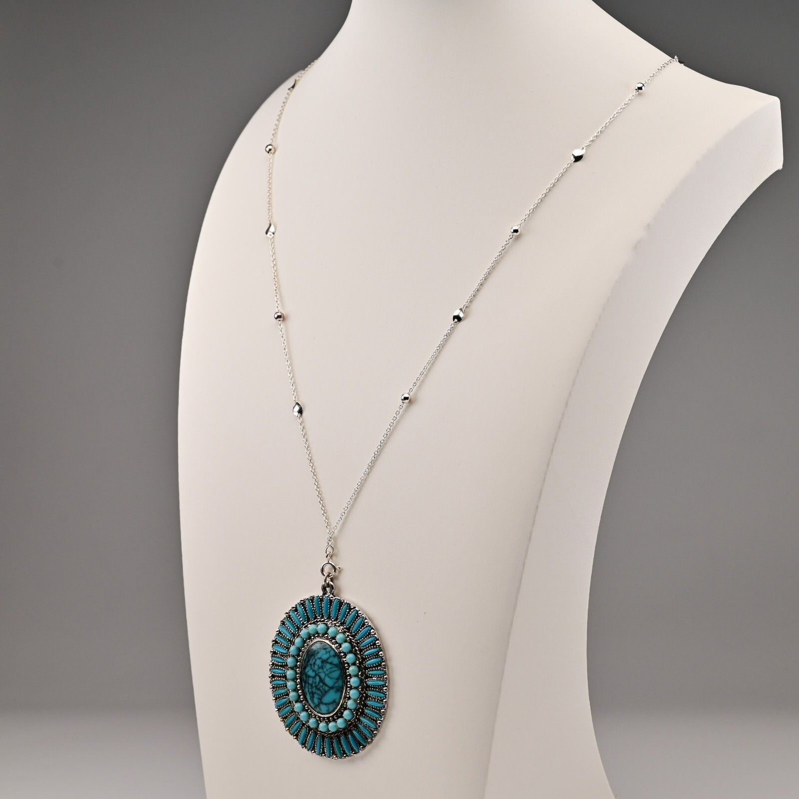 Original Vintage Native Silver Faux Turquoise Gemstone Pendant Estate Necklace
