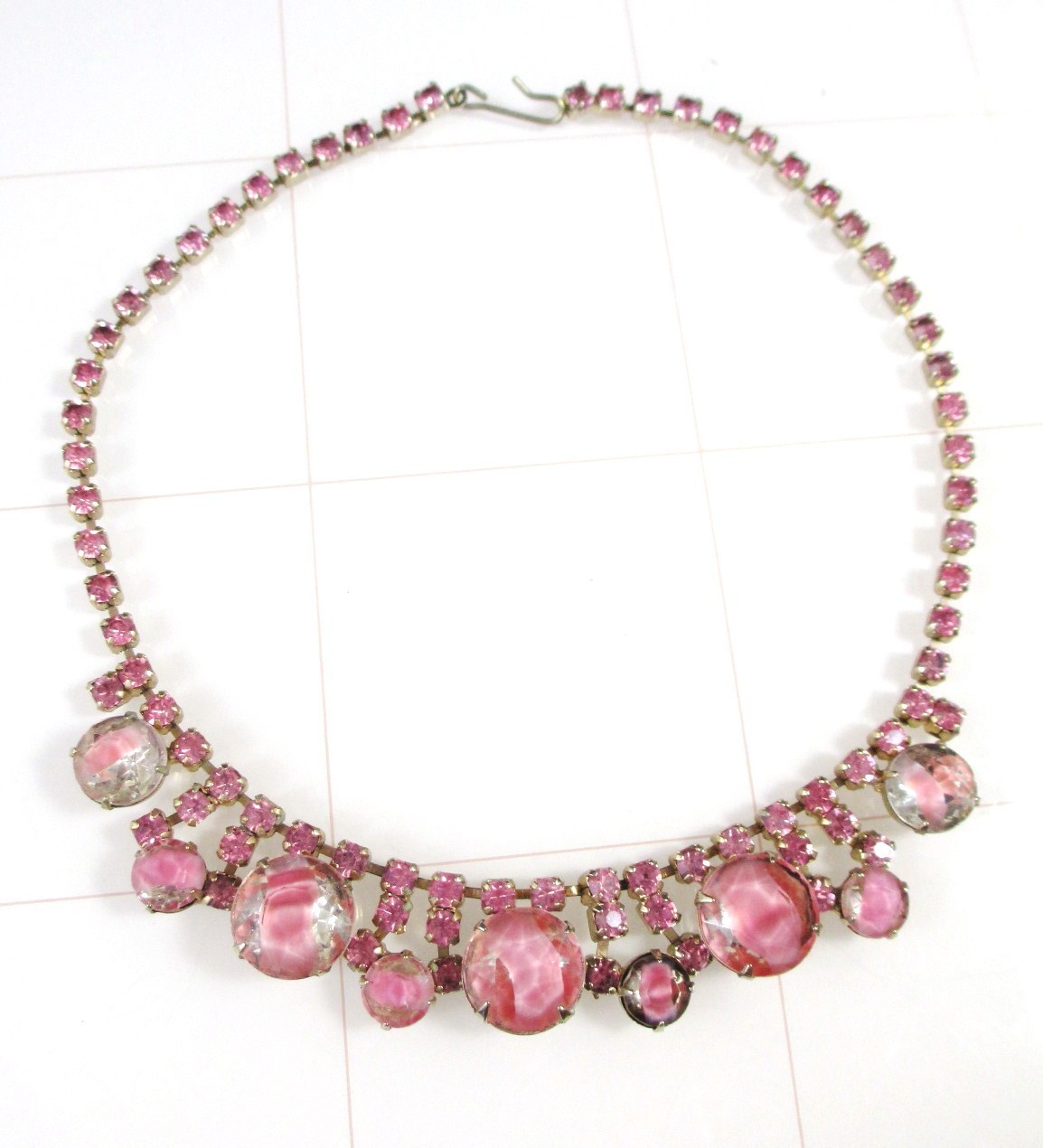 Vintage Pink Rhinestone Choker Necklace Mid Century Statement