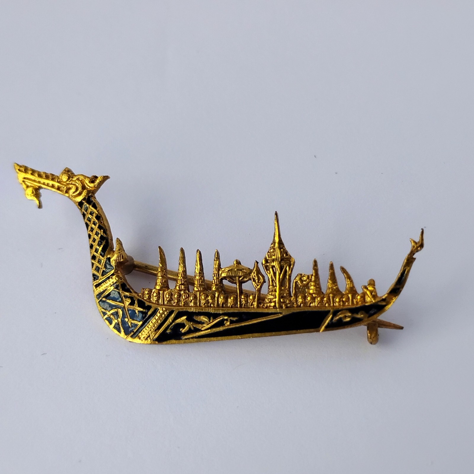 Vintage Japanese Damascene Amita Pendant Necklace plus Petite Dragon Boat Brooch