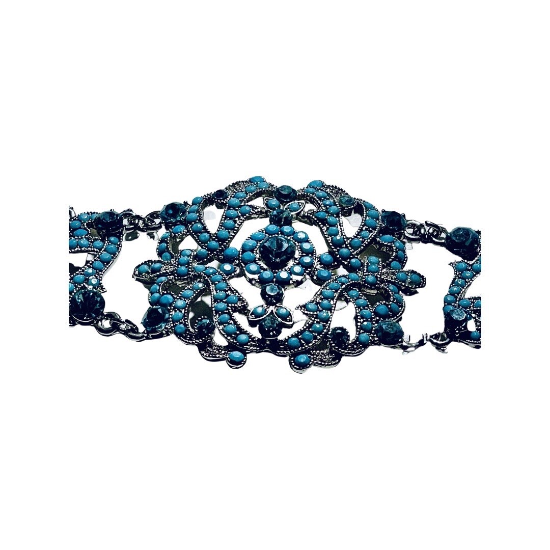 VCLM Victorian Filigree Silver Turquoise Crystal Wide Statement Bracelet