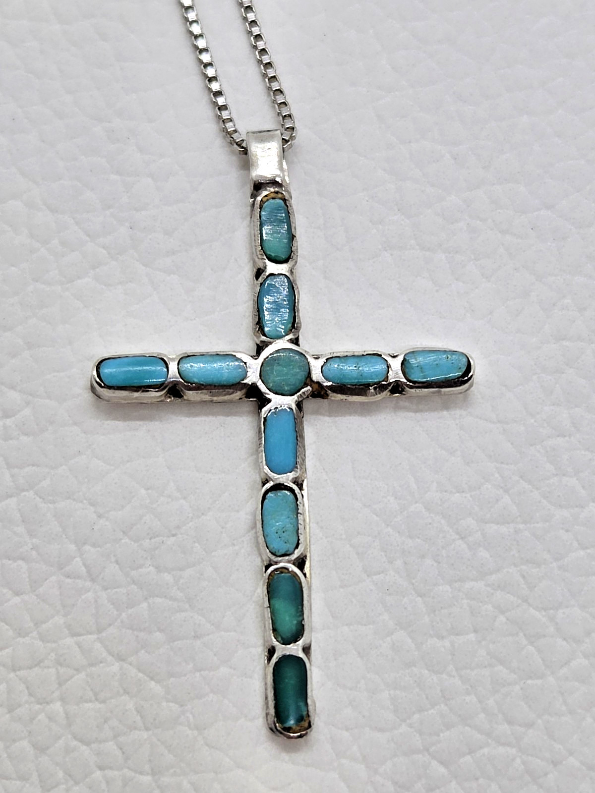 Vintage Handcrafted Native Silver Inlay Turquoise Cross 1.5″ Chain Necklace 18″