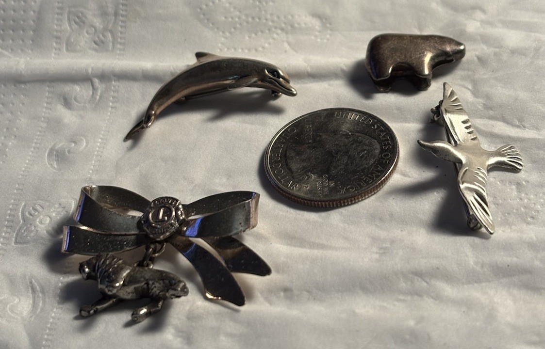 Lot Of 4: Sterling Animals, (1) Bear Slide, (3) Seagull, Dolphin, Lion Brooches
