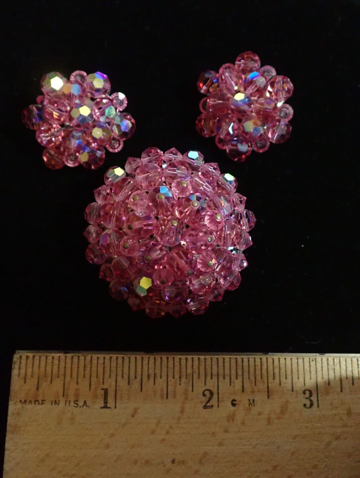 Vntg Brooch & Clip-on Earrings, Pink Aurora Borealis Crystal, Wired, Silver-Tone