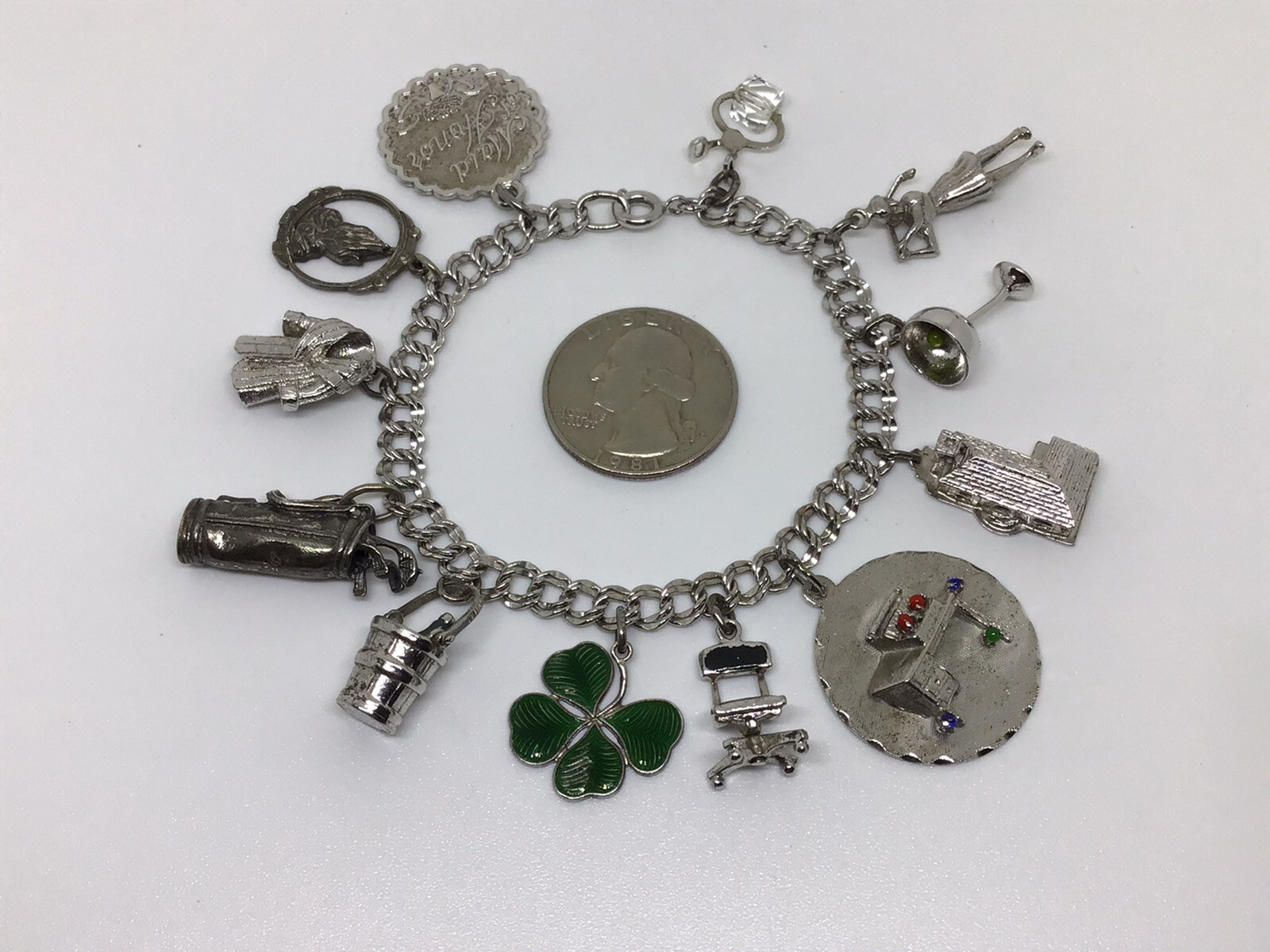 Vtg Sterling Silver 12 Charm Bracelet 7” Love Luck Success Golf Ice Pick 40g