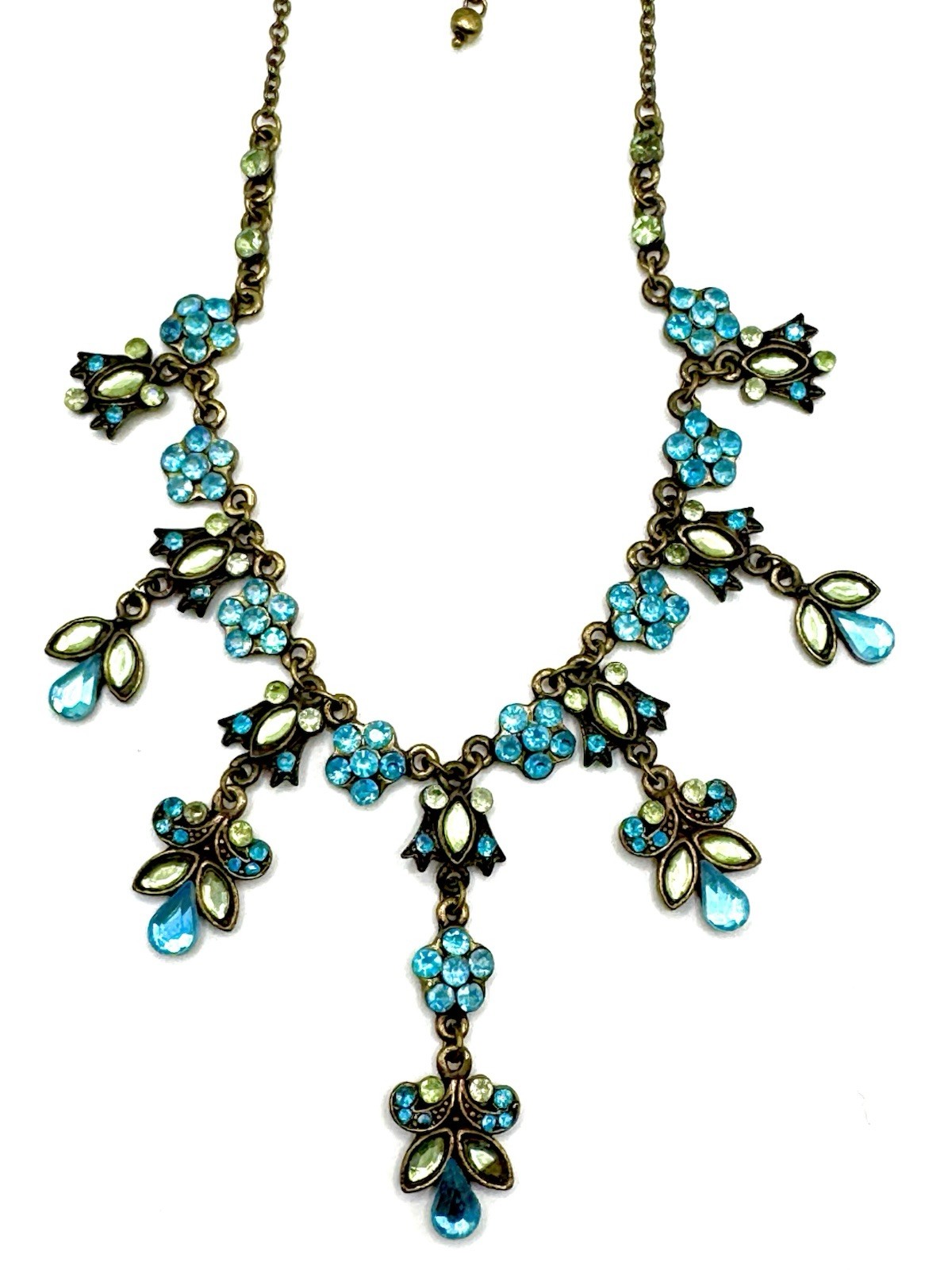 Vintage 60’s Crystal Blue, Green, Floral Dangle Adjustable Necklace – Fabulous!