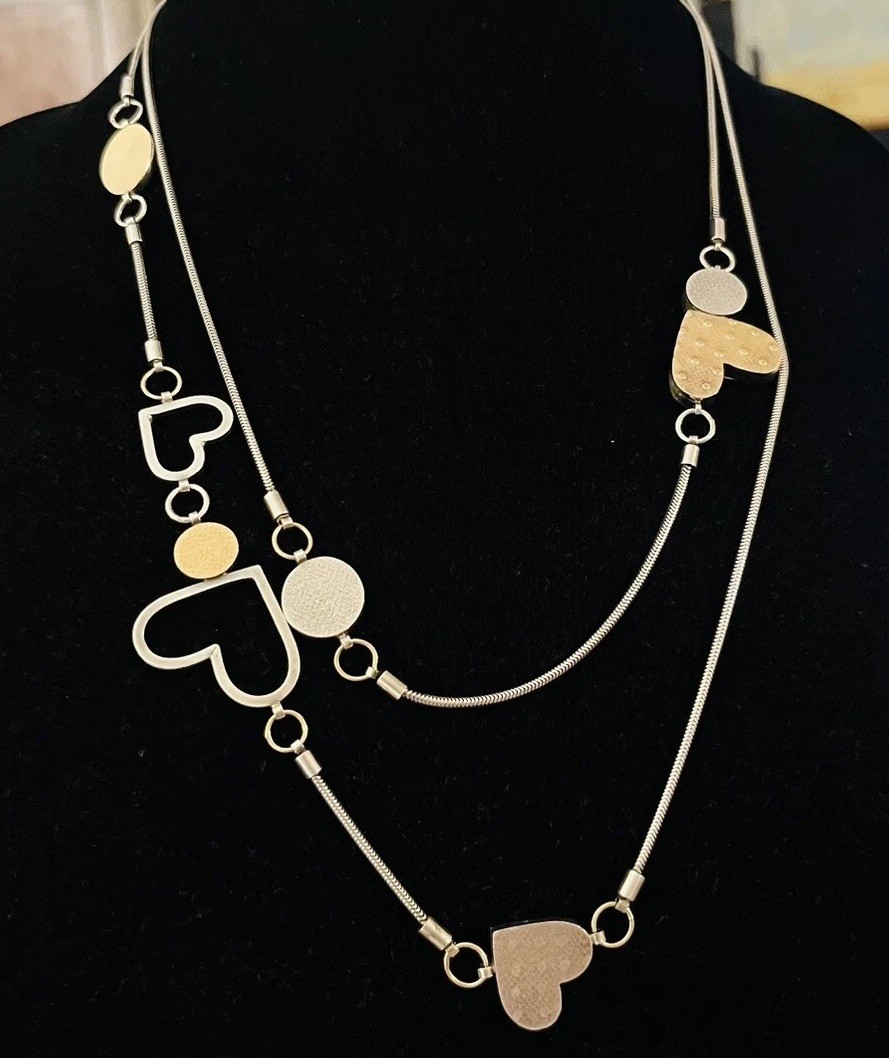 Vtg Estate Mid Century Modernist Textured Sterling Gold Hearts Station Necklace