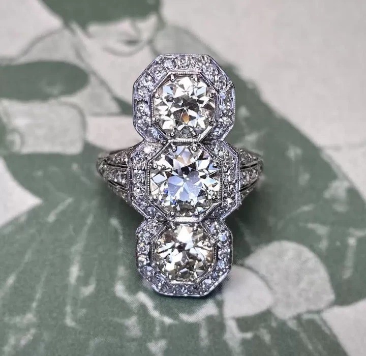 Art Deco Round Lab Created Diamond ThreeStone Wedding 14K White Gold Finish Ring