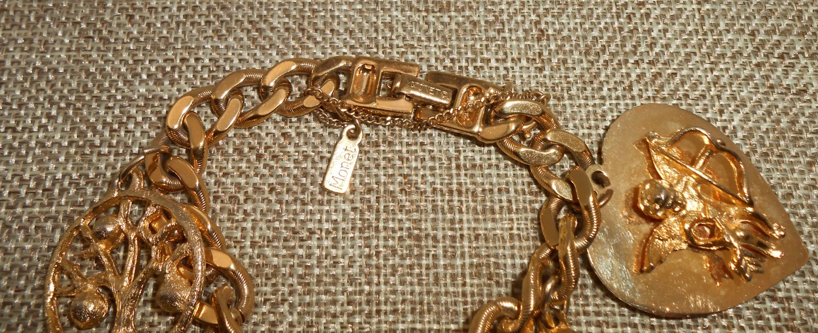 MONET Charm Bracelet & 5 Charms Birthday GF St Louis Family Tree Cupid Elf N30
