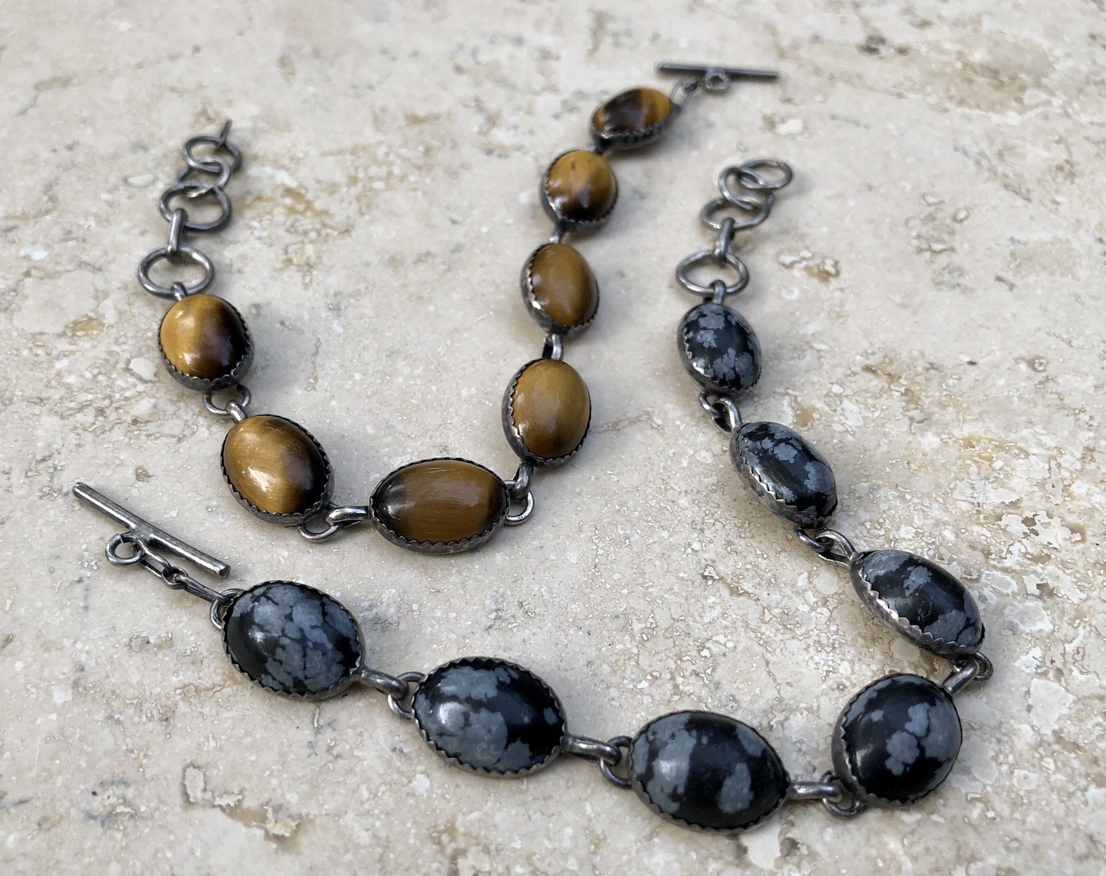 🐯🖤 ✨VINTAGE STERLING SILVER TIGER’S EYE OBSIDIAN Toggle Bracelet Set LOT ✨🖤🐯