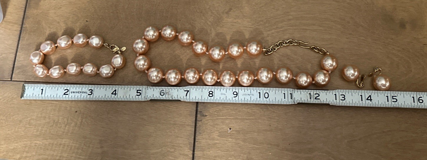 MONET Vintage Set Pink Baroque Faux Pearl Necklace, Bracelet, Clip-on Earring