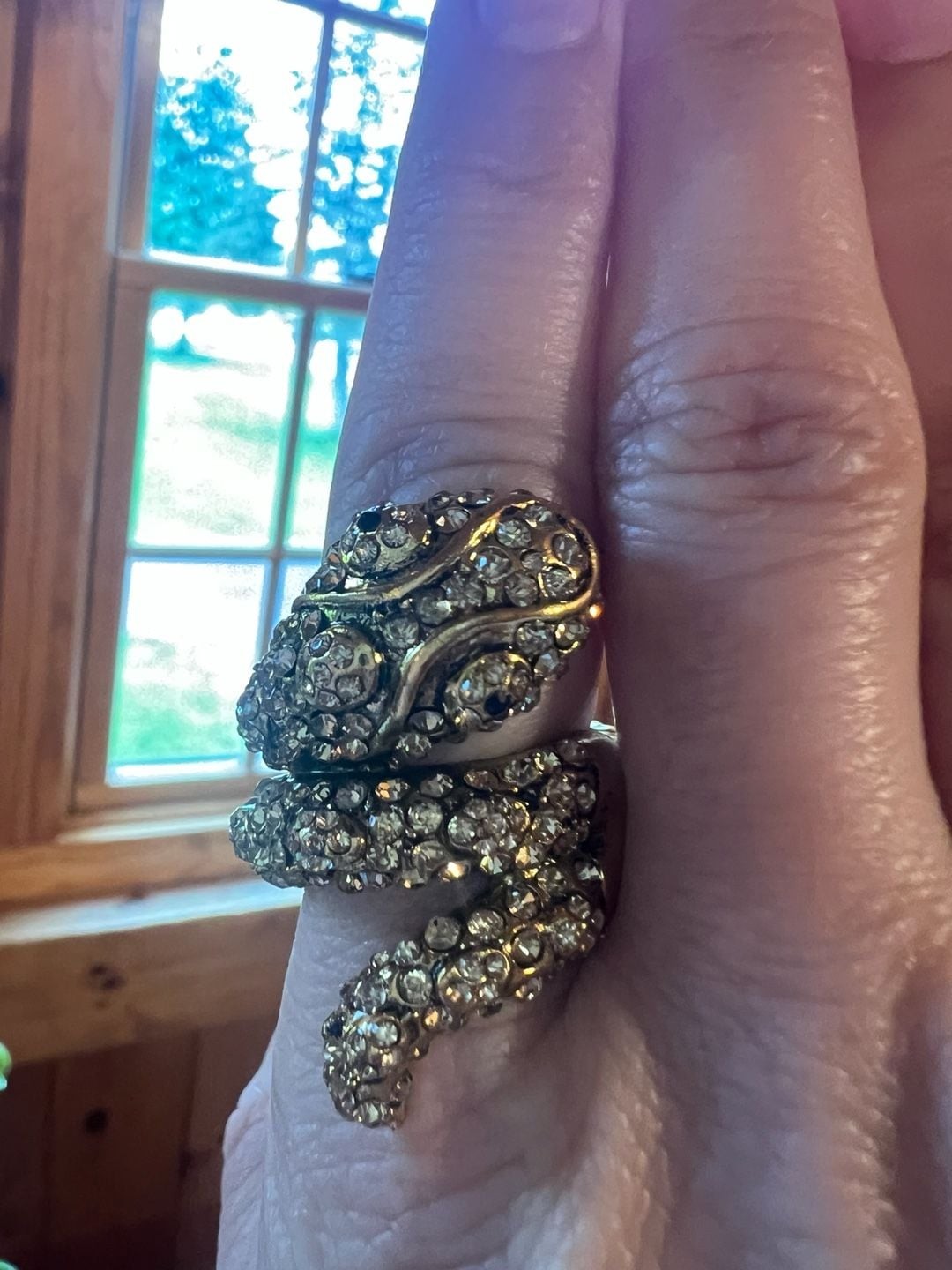 Vintage Gold Tone Coiled Snake Cocktail Ring with Rhinestones