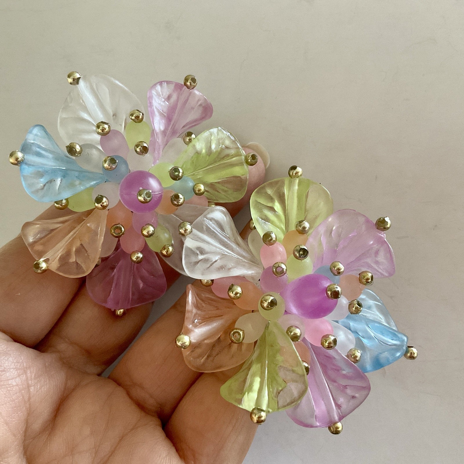 Vintage LUCITE ACETATE Large FLOWER EARRINGS PASTEL MULTI COLORS GOLD/T BEADS