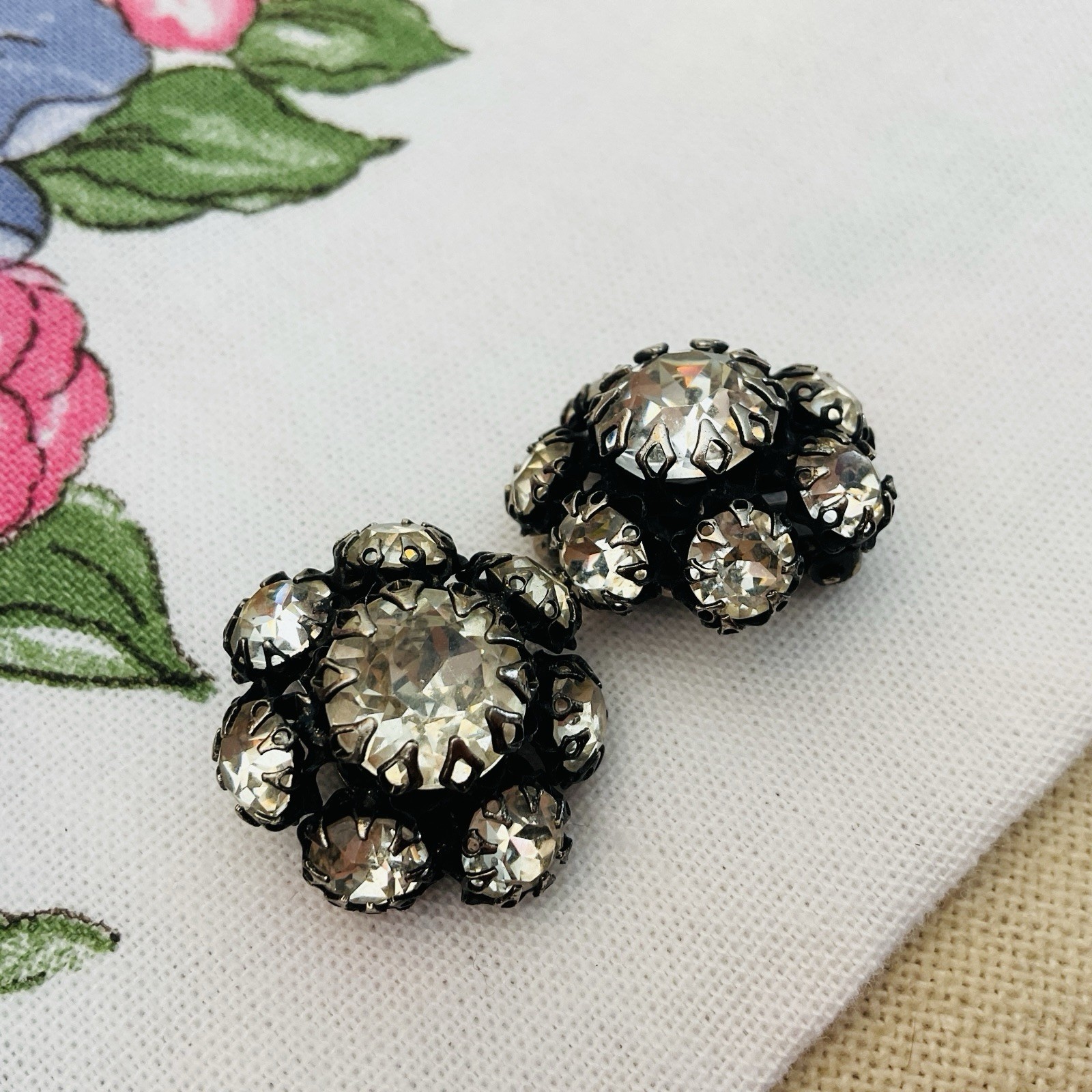 Designer Kramer New York Clear Glamor Rhinestone Japanned Earrings-Signed 1”