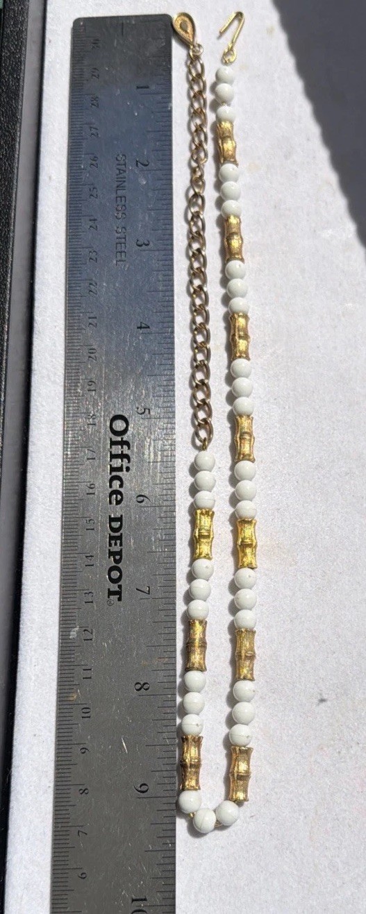 Vintage 18″ Hong Kong Goldtone Bamboo And Round White Bead Necklace Hook Clasp