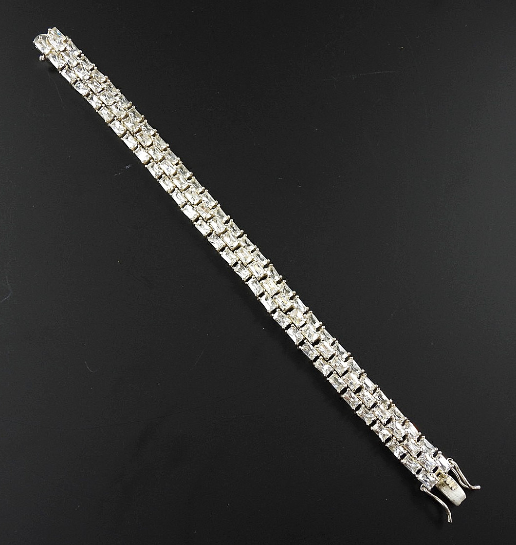 Vintage Sterling Silver 925 Tennis Bracelet Wide Fancy Crystal CZ Bridal 7.5