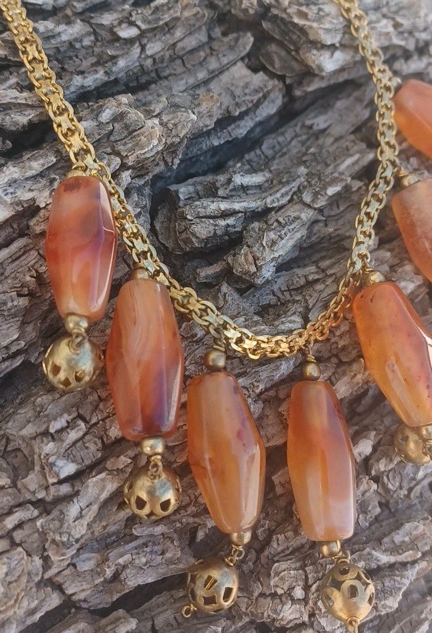 Gemstone Art Festoon Brass Booklink Chain Carnelian Bead Dangle Collar Necklace