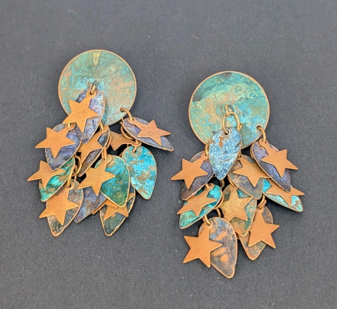 Large Vintage Artisan Verdigris Boho Brass Celestial Stars Dangle Earrings India