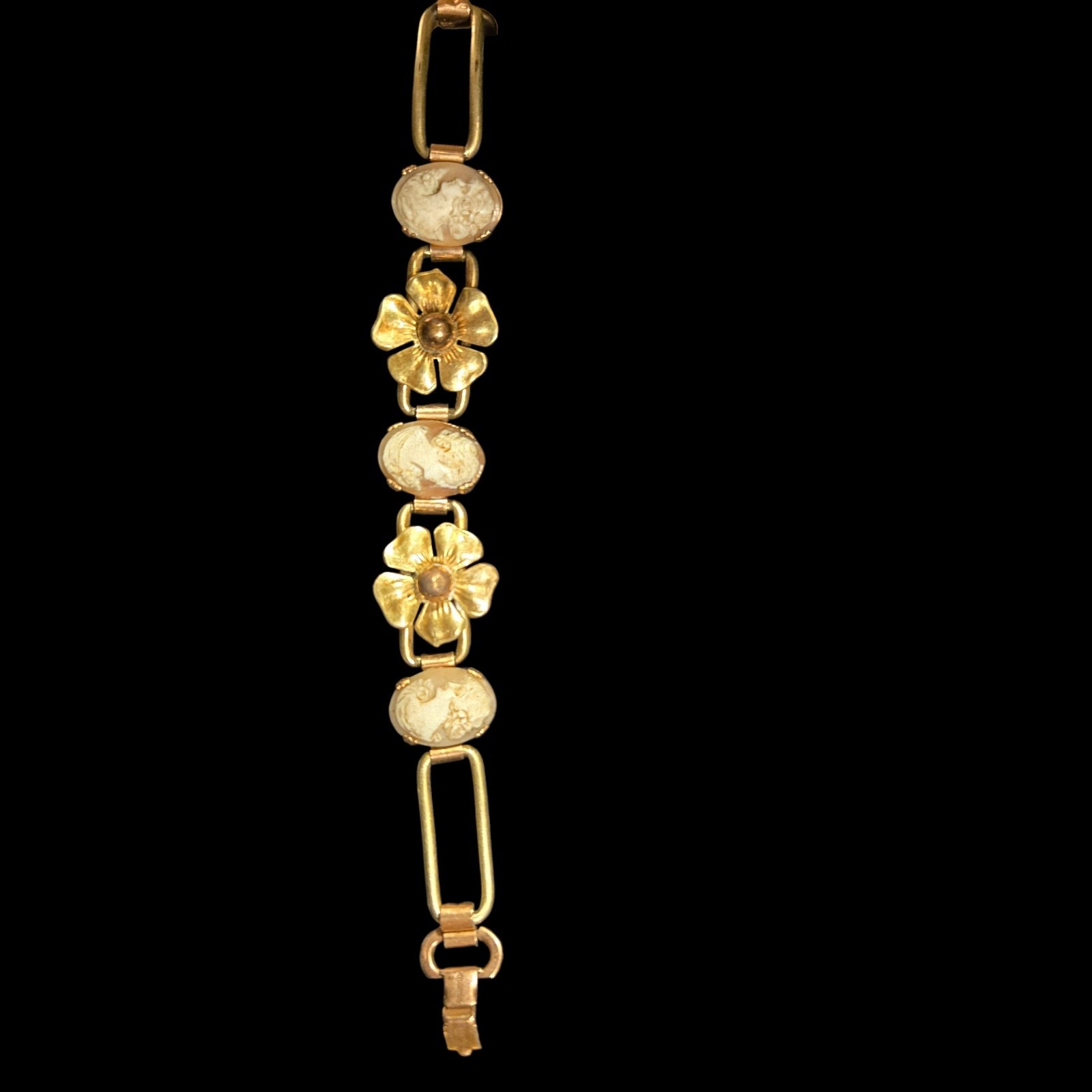 Vtg Kreisler Gold Filled Cameo Flower Link Two Tone Bracelet 1940s