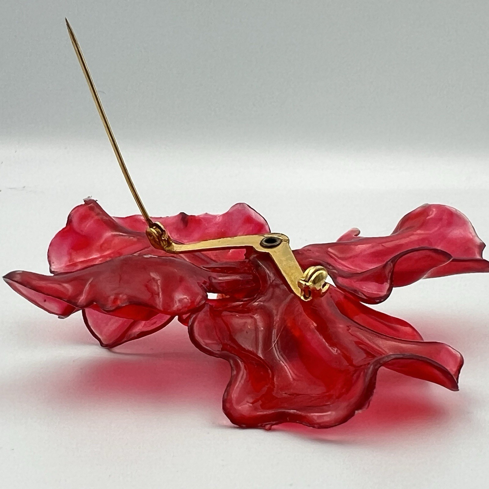 Vintage Cellulose Acetate Flower Brooch Large MCM Red Pink Rhinestone Pin