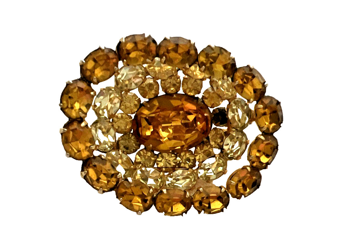 VTG. KRAMER NEW YORK YELLOW and AMBER RHINESTONE BROOCH LAYERED AUSTRIAN STONES