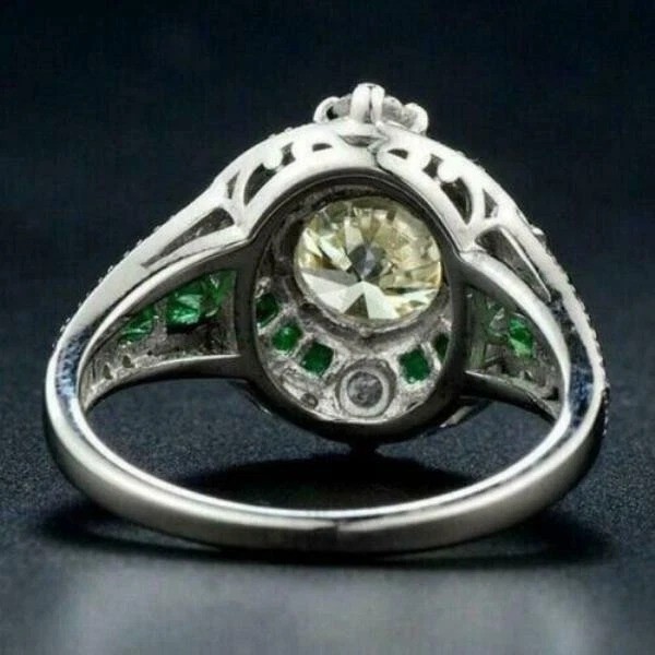 2Ct Art Deco Style Lab Created Diamond & Emerald Wedding 14K White Gold FN Ring