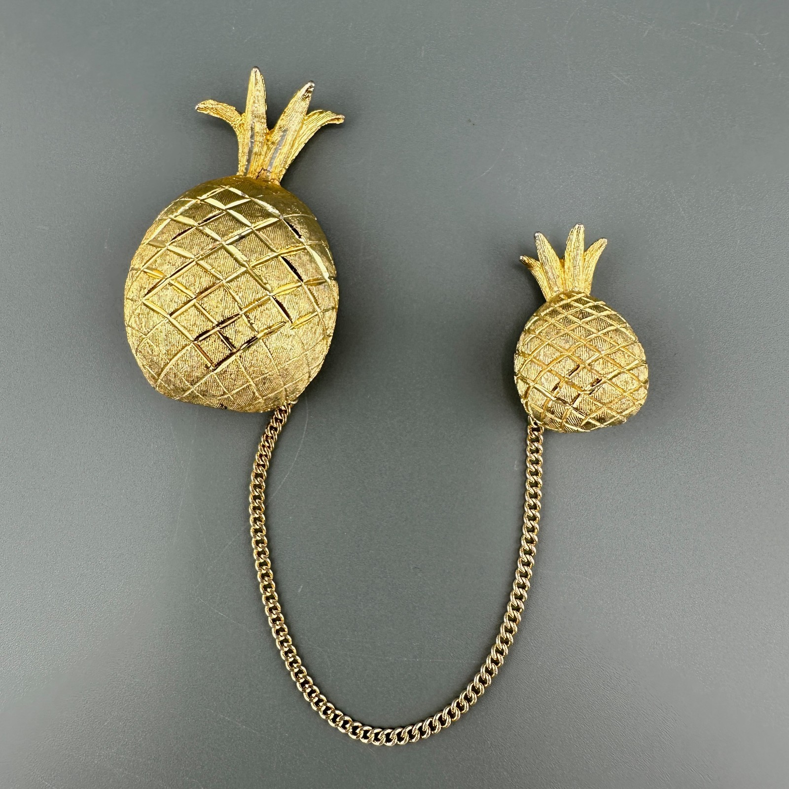 Vintage BSK Pineapple Brooch Double Pin Gold Tone Figural Connected 5″ Chain