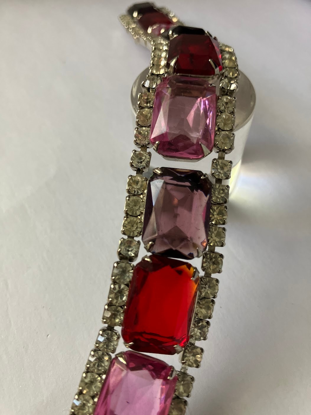 Vintage Rhinestone Panel Bracelet Square Cut Chunky Bling Purple Pink Red Clear