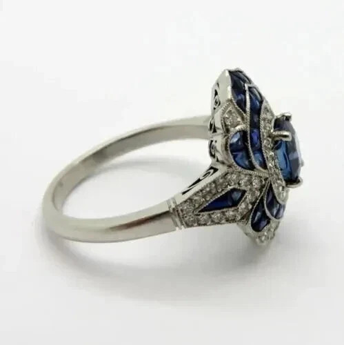 Art Deco Vintage Style Lab-Created Sapphire & Diamond Engagement 925 Silver Ring