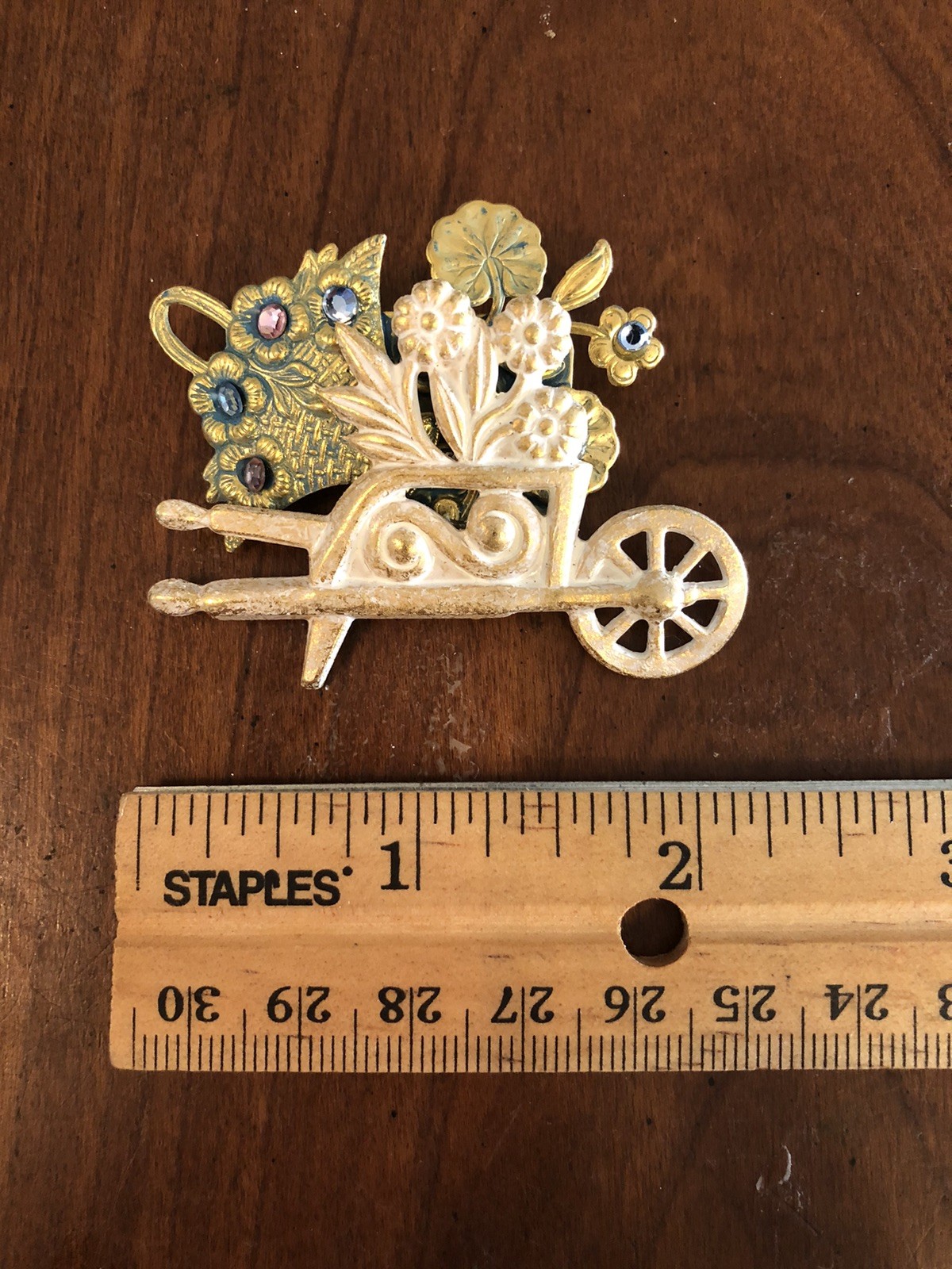 Two Vintage Brooches Flower Wheelbarrow & Iridescent White Cat Beautiful Pins